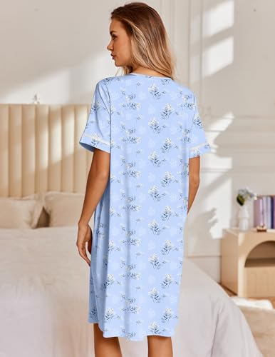 Image of Ekouaer Nightgowns for Women House Dress with Pockets Snap Front House Coat Short Sleeve Duster Moo Moos Sleepwear S-3XL