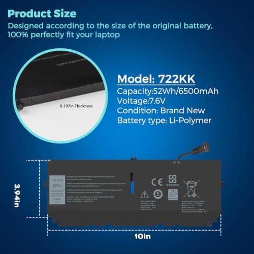 Image of 722KK Battery Replacement for Dell XPS 13 9300 (2020 Edition) XPS 13 9310 (2020 Edition) XPS 13 9380 (2020 Edition) P117G P117G002 P117G001 Series 02XXFW 2XXFW 0WN0N0 WN0N0 52Wh 7.6V