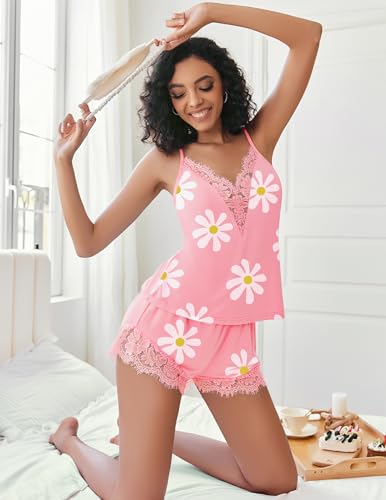 Image of Avidlove Women Pajama Set Lace Trim Short PJ Set Modal V Neck Sleeveless Sleepwear Drawstring Waist Nightwear S-XXL