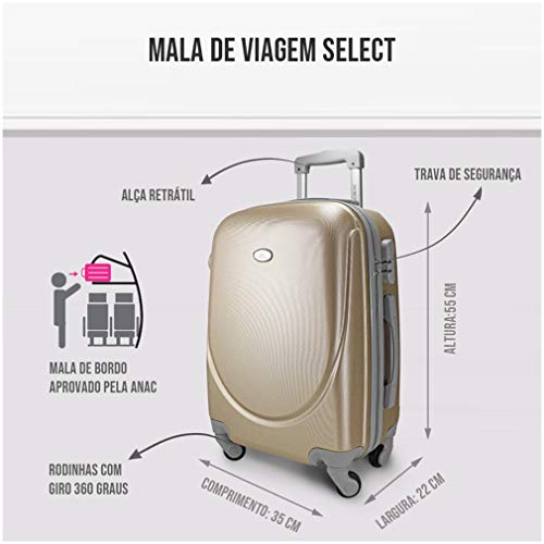 Mala Viagem Media de Bordo Avião 10kg Rodinhas 360 Alça Retratil Dourada