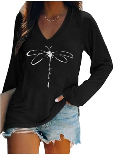 Flowers Graphic Long Sleeve V Neck Tees Shirts for Women Casual Loose Fitted Tshirts Boho Wildflower Trendy Tops Outfits
