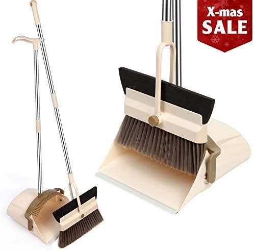 MOCREO Dustpan and Broom and Floor Squeegee Set, Dustpan Cleans Broom Combo with Long Handle For Home Kitchen Room/Office/Lobby Floor, Use Upright Stand Up Dustpan Broom & Squeegee Set