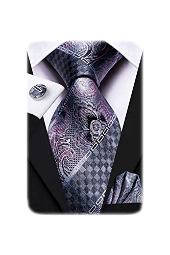 Image of Hi-Tie Men Ties Sets Silk Stripe Paisley Necktie Pocket Square Cufflinks for Business Wedding