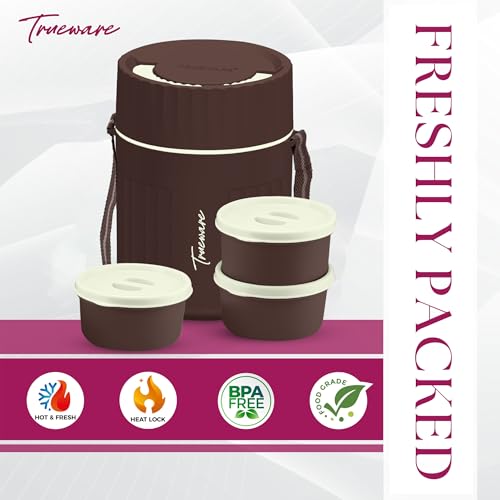 Image of Trueware SNAKK 3 Insulated Hot Lunch Box with 3 PP Container, 3 Container 300 ML Each, Food Grade, BPA Free | Office Lunch Box | Tiffin Box