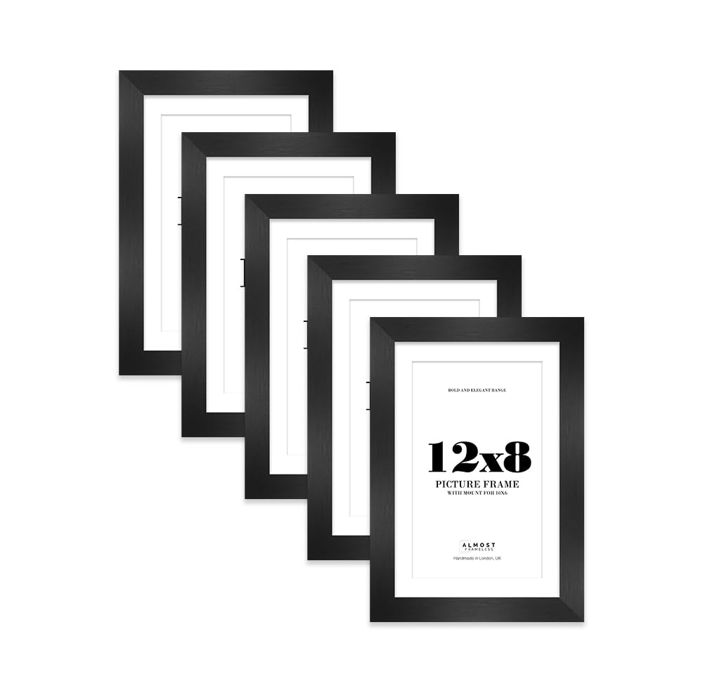 12x8 Black Frame With Mount for 10x6 Pictures 28mm Edge Portrait and Landscape Display with Wall Hooks and Kickstand, 5 Pack