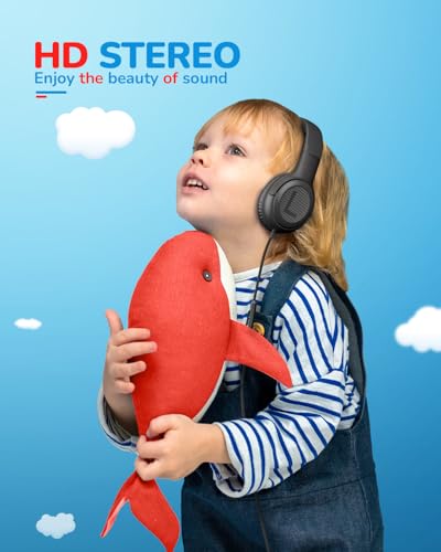 Image of awatrue Kids Headphones for School Travel, 85 /94dB Safe Volume Limit, 3.5mm Jack, HD Mic, Portable Wired Headphone with Shareport, Stereo Sound On-Ear Headphones for Toddler Kids Girls Boys Black