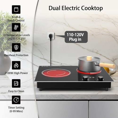 Image of VBGK Electric Cooktop,2100W Built-in & Countertop 2 Burner Electric Cooktop,Electric Stove Top with10 Heating Level, Timer & Kid Safety Lock, LED Knob Touch Control Electric Burner with Plug