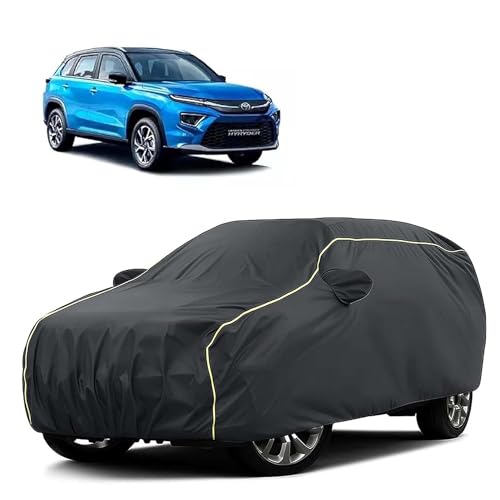 Image of Sulfar 100% Water Resistant Car Body Cover Compatible with Mirror for Toyota Urban Cruiser Hyryder (Triple Stitched, Full Bottom Elastic, Dark Grey Tafetta with Yellow Piping)