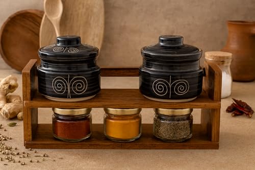 Image of HS HINDUSTANI SAUDAGAR Midnight Spiral ceramic Pickle Jar Set Of 2(550 ml Each) Multipurpose Container Salt Sugar Spices Ceramic Jar with Lid Chutney Jar Dining Table Ideal For kitchen storage Gifting