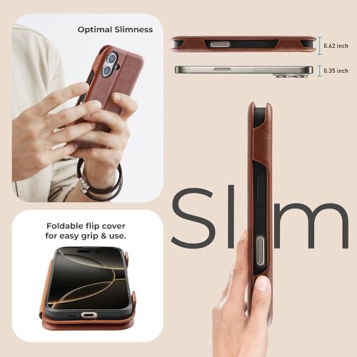 Image of PULOKA - Sleek Flip Case- Compatible for iPhone 16 Plus- Premium Vegan Leather Phone Cover with Card Slot - Slim, Durable, Privacy Protection - Kickstand Function - Elegant Flip Wallet Cases- (Brown)