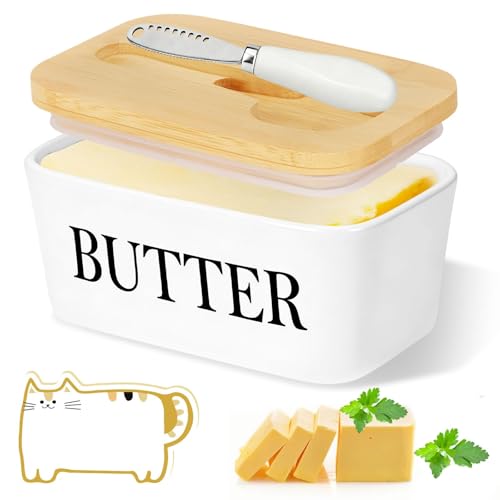 YUTUY Beurrier en Porcelaine,Boîte à Beurre avec Couvercle en Bambou,Couteau à Beurre,avec éponge de nettoyage,Scellée Beurrier Utilisé pour Placer du...