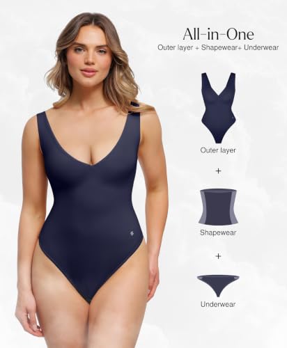 Image of Popilush Shapewear Bodysuit Plunge Deep V Neck Backless Going Out Tank Tops