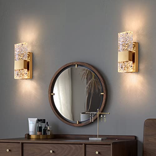 Hitoo Gold Wall Sconces Set Of Two, Led Crystal Lights 3000K Dimmable Switch Lamp Modern Wall Lights For Bedroom, Living Room, (2-Pack/Support Dimming Switch) #TOP7
