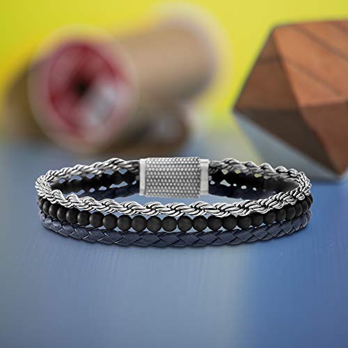 Nautica Men’s Bracelet – 3 Row Layered Mixed Media Bracelet: Stainless Steel Rope Chain, Black Beaded Bracelet, And Blue Braided Leather Rope Bracelet For Women, Size One Size, Black #TOP2