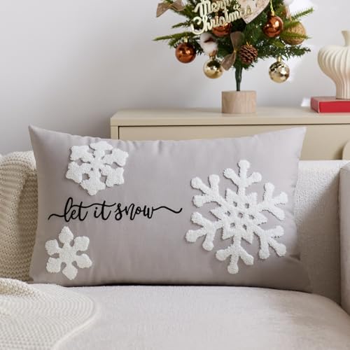 yeshttdy Gray Christmas Pillow Covers 12x20 Inch Embroidery Snowflake Xmas Decorative Lumbar Throw Pillow Cover Winter Holiday Pillow Case Cushion Cases for Sofa Couch Living Room Decorations Green
