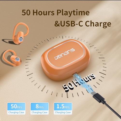 Image of Wireless Earbuds, Headphones Sport Bluetooth 5.4, Over Ear Buds with ENC Noise Canceling Mic, Deep Bass Stereo Earphones with Hook, 50H Playback, LED Display Ear Buds for Workout Running, Deep Orange