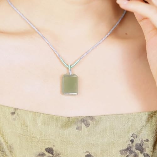 Real Natural Green Jade Pendant Necklace for Women Men Genuine Nephrite Jade Necklace Square Gemstone Healing Pendants Adjustable Handcrafted Jewelry Gifts for Her Birthday Anniversary 25.6-29.5"(65-75cm) Y04142913