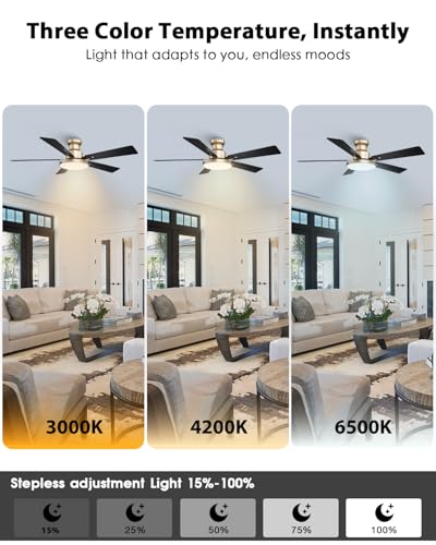 Image of 52 Inch Low Profile Gold Ceiling Fan with Lights, Smart Remote & APP