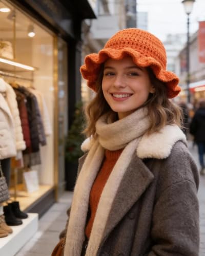 Image of Women Crochet Bucket Hat Cute Winter Ruffled Brim Floppy Cap Handmade Knit Cloche Hats