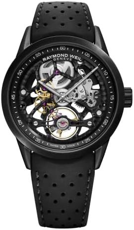 RAYMOND WEIL Freelancer Men&#39;s Calibre RW1212 Skeleton Automatic Watch - 42 mm, Stainless Steel with Black PVD Coating, Black Rubber Strap, Open-Worked Black Dial (2785-BKR-20000)