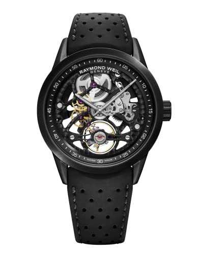 RAYMOND WEIL Freelancer Men's Calibre RW1212 Skeleton Automatic Watch - 42 mm, Stainless Steel with Black PVD Coating, Black Rubber Strap, Open-Worked Black Dial (2785-BKR-20000)