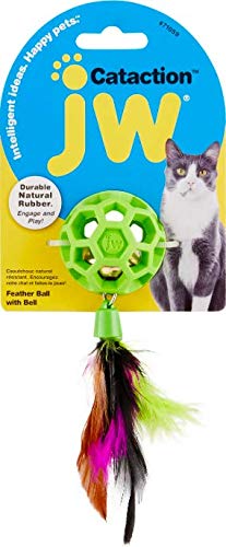 JW Cataction Feather Ball with Bell Cat Toy, Interactive Multi-Textured Cat Toy with Natural Rubber, Feathery Tail & Sturdy Bell for Engaging Play, Stuff Treats, Catnip, Promotes Healthy Exercise 2