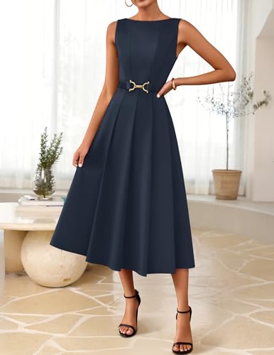 Image of ZESICA Women's Summer Sleeveless 2026 Formal Cocktail Party Midi Dresses | Boat Neck, Flowy A Line Tie Waist, Business Casual Work Office Dressy Outfits, Elegant Beach Wedding Guest Graduation Dress