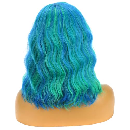 Image of BERON Green and Blue Wigs for Women Girls Short Curly Wavy Hair Wig Colored 14 inch Body Wave Halloween Cosplay Daily Party Wigs