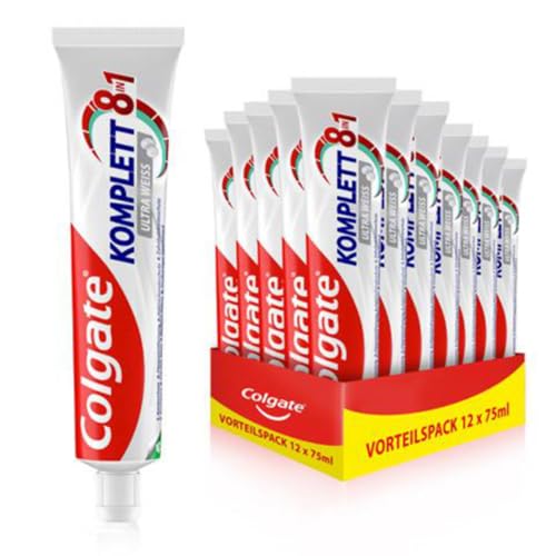 Colgate Zahnpasta Komplett Ultra Weiss 12x75 ml – entfernt Verfärbungen sanft für eine natürliche Zahnaufhellung – kompletter Rundum-Schutz für gesunde Zähne