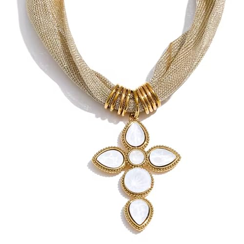 Mchic White Cross Statement Necklace for Women: Elegant Mesh Fabric Chain with Dainty Glass Stone Cross Pendant, Adjustable Vintage Choker Jewelry for Special Occasions or Everyday Wear