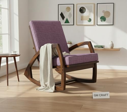 Image of Solid Sheesham Wood Rocking Chair for Living Room - Upholstered Relaxing Chair - Wooden Rocking Chair for Adults for Home Outdoor Indoor (Walnut, Nash)