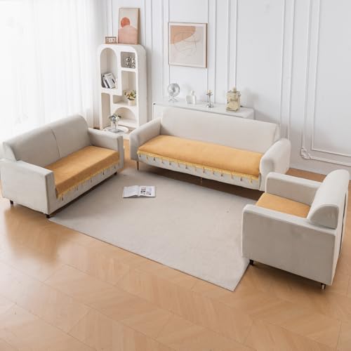 Image of HOKIPO 'Serenity Tassel' Chenille Sofa Cover 6 Seater Set with Tassels - Washable 3+2+1 Sofa Cover Mat | Sunlit Amber (IN-890 + IN-891 + IN-892 - GLD)