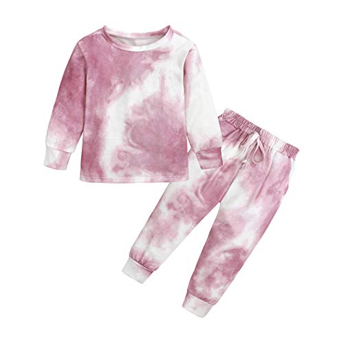 2Pcs Kids Girls Tie Dye Sweatsuit Child Cotton Long Sleeve Outfits Set Sport Tracksuit Tops + Sweatpants Pink-White #TOP20