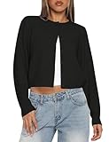 Kistore Spring Cropped Cardigan Sweaters for Women Crew Neck Long Sleeve Lightweight Button Up Cozy Knit Trendy Cardigan Black X-Small