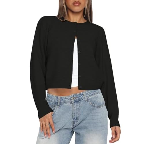 Kistore Womens Cropped Cardigan Sweaters Lightweight Long Sleeve Button Up Knit Cardigan Fashion Outfits 2026 Black X-Small