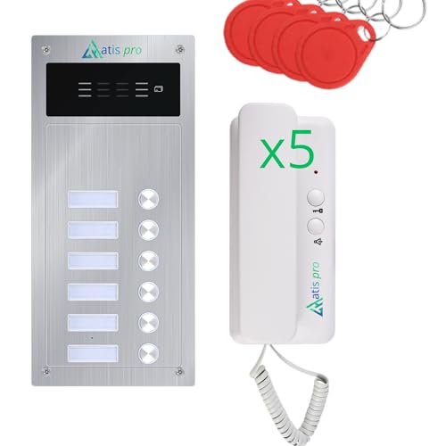 Kit de Portero Automático 2 Hilos Antivandálico con Lector RFID | Completo con Telefonillos, Fuente de Alimentación | Muy Fácil de Instalar.colocación para empotrar y en Superficie (5 Vivienda)
