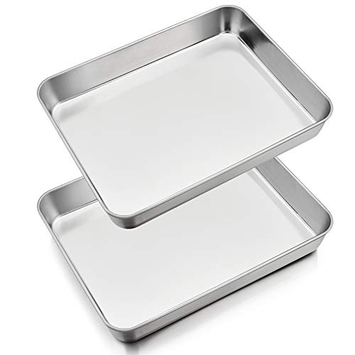 P&P CHEF 10.4 Inch Stainless Steel Sheet Cake Pan, Rectangular Baking Pan for Lasagna Brownie Meats, Cookie Tray Fits in Toaster Oven, Easy Clean & Heavy Duty (2Pcs)