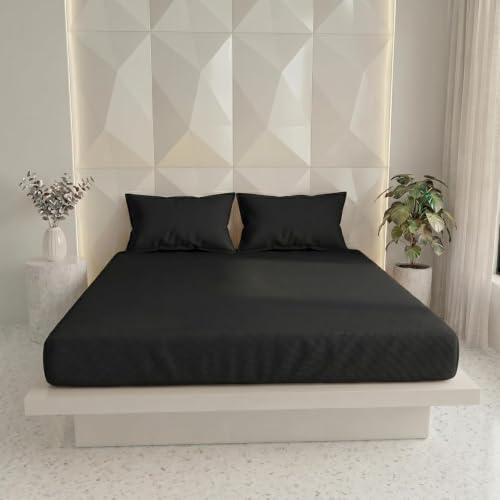 Image of Filymore Double Bedsheet for Double Bed | Black Solid Bedsheet | 240 TC Soft Microfiber Bed Sheet with 2 Pillow Covers | Breathable, Wrinkle Resistant & Fade Resistant Bedding Set | 90 x 95 Inches