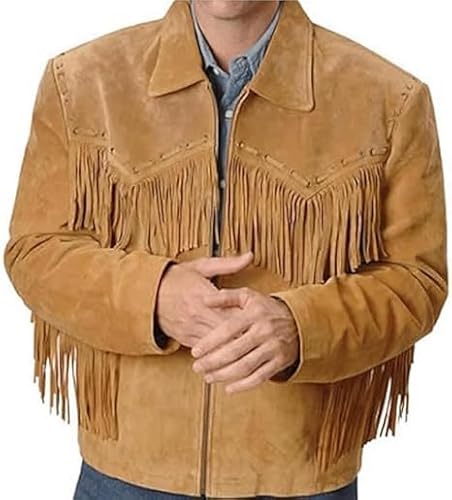 TUAYHA Cowboy Jacket Western Fringed Faux Suede Leather Coat - Mens Fringe Jacket with Fringes (US, Alpha, Medium, Regular, Regular, Tan Brown Fringe Jacket)