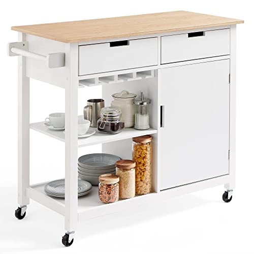 VonHaus Kitchen Storage Trolley – White Kitchen Island On Wheels – Rolling Freestanding Cart, Wood Effect Counter Top, Drawers & Shelving – Portable & Compact Kitchen, Dining & Living Room Furniture