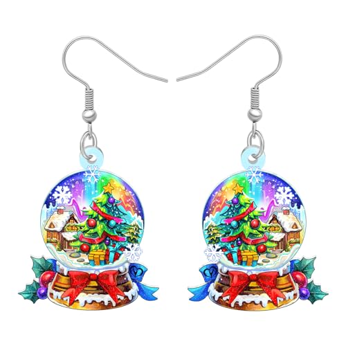 DOWAY Acrylic Christmas Snow Globe Earrings for Women Dangle,Novelty Flat Crystal Ball Snowglobes Christmas Earrings Winter Jewellery Xmas Holiday Gifts for Women Holiday Accessories (Iridescent)