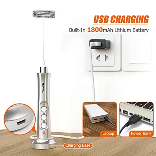 Milk Frother Handheld, Dallfoll USB Rechargeable Electric Mini Foam Maker for Coffee Lattes, 3 Speeds Milk Foamer Drink Mixer with 3 Whisks for Bulletproof Coffee, Cappuccino, Matchatproof Coffee, Matcha