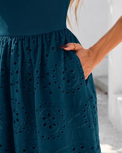 Image of dowerme Women Summer Dresses 2026 Casual Sleeveless Crewneck A-Line Boho Lace Eyelet Cotton Tank Maxi Dress with Pockets