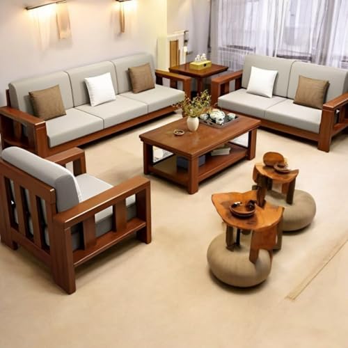 Image of MISAN Wooden Living Room Sofa Set | 6 Seater Sofa Set | Solid Sheesham Wood Sofa Set for Living Room (3+2+1 Brown,Natural Teak Finish)