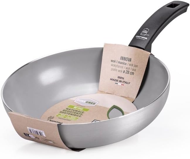Moneta Innova Wok 1 m 28 cm, Natural FineGres Coating (NO PFAS), Also Suitable for Induction, 100% Made in Italy