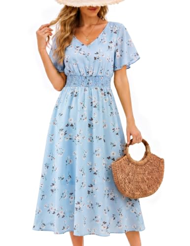 Image of Gardenwed Chiffon Floral Dresses Summer Midi Wedding Guest Dress V Neck for Women Elastic Waist