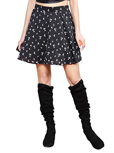 Image of Sera Women's Floral Print Black Viscose Rayon A-Line Casual Mini Skirt