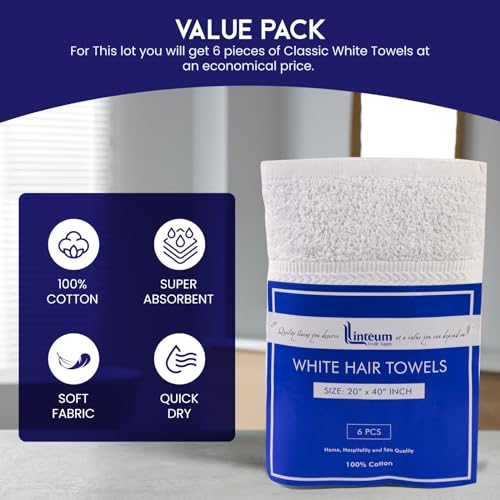 Linteum Textile Supply Premium Hair Drying Towels 100% Ring Spun Cotton Hair Towel for Women, Men, Kids 20x40 inches Quick Dry Salon Towels Hand Towel for Gym, Hair Care, Spa, Home [Pack of 6] White - Thumbnail 2