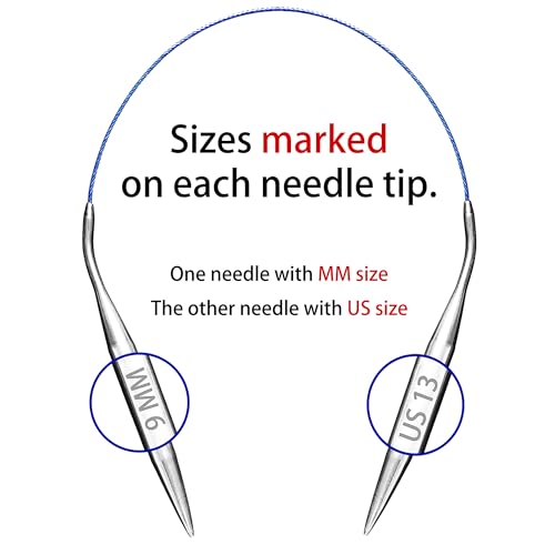 Image of cuteDIY Size 13 Circular Knitting Needles 16 Inch Set Round Metal Kit (Etched US&mm, Color-Coded Cable, Smooth Join)