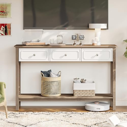 LAZZO Entryway Table with Storage Console Table with 3 Drawers and Open Shelf Behind the Couch Sofa Tables Narrow Long for Entry, Hallway, Foyer, Living Room Brown and White